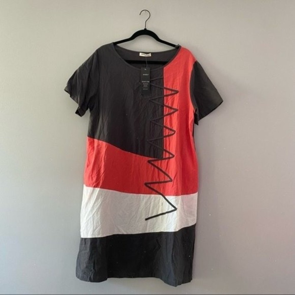 NWT Anself Dress Cotton Contrast Midi Casual Gray Pink NEW